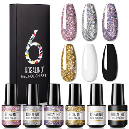 Deluxe Korean Nail Polish Set of 6 bottles with Fine Glitter