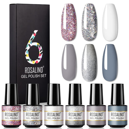 Deluxe Korean Nail Polish Set of 6 bottles with Fine Glitter