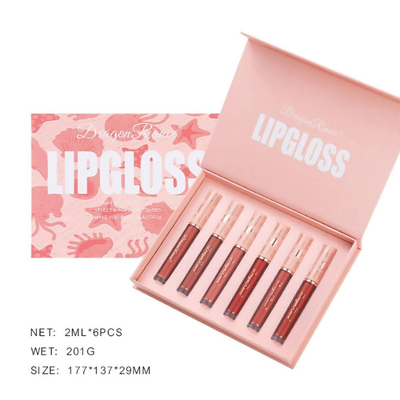 Net: 2ml per 6 pcs, Wet: 201 g', indicating the volume of lip gloss per tube and the total weight of the product when wet.